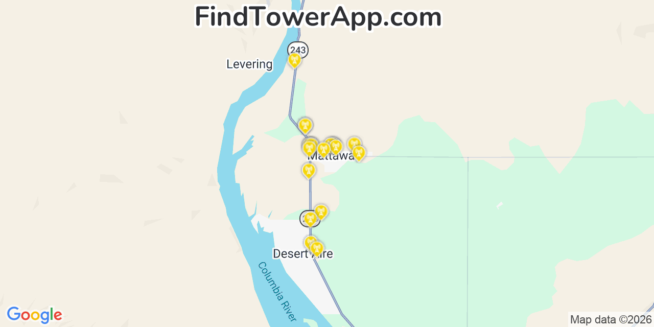Map showing the 20 primary cell tower locations detected in Mattawa, Washington from AT&T, Verizon, and T-Mobile networks