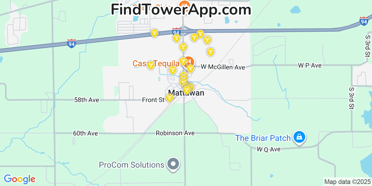 Map showing the 20 primary cell tower locations detected in Mattawan, Michigan from AT&T, Verizon, and T-Mobile networks