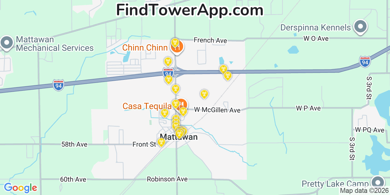 Map showing the 20 primary cell tower locations detected in Mattawan, Michigan from AT&T, Verizon, and T-Mobile networks