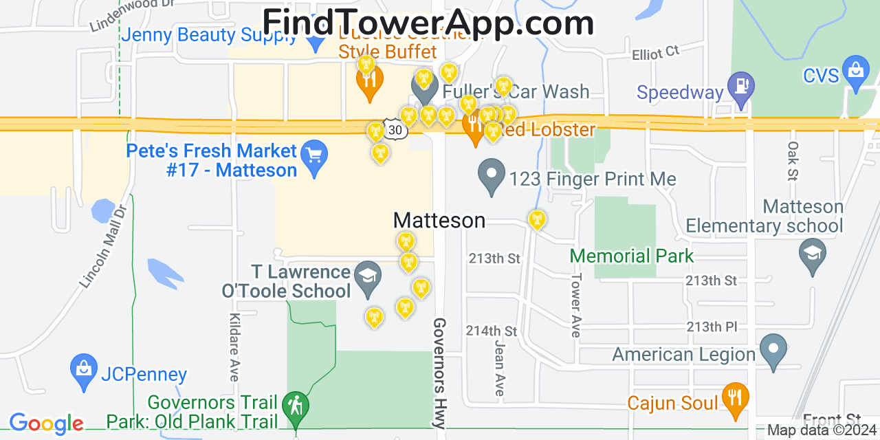 AT&T 4G/5G cell tower coverage map Matteson, Illinois