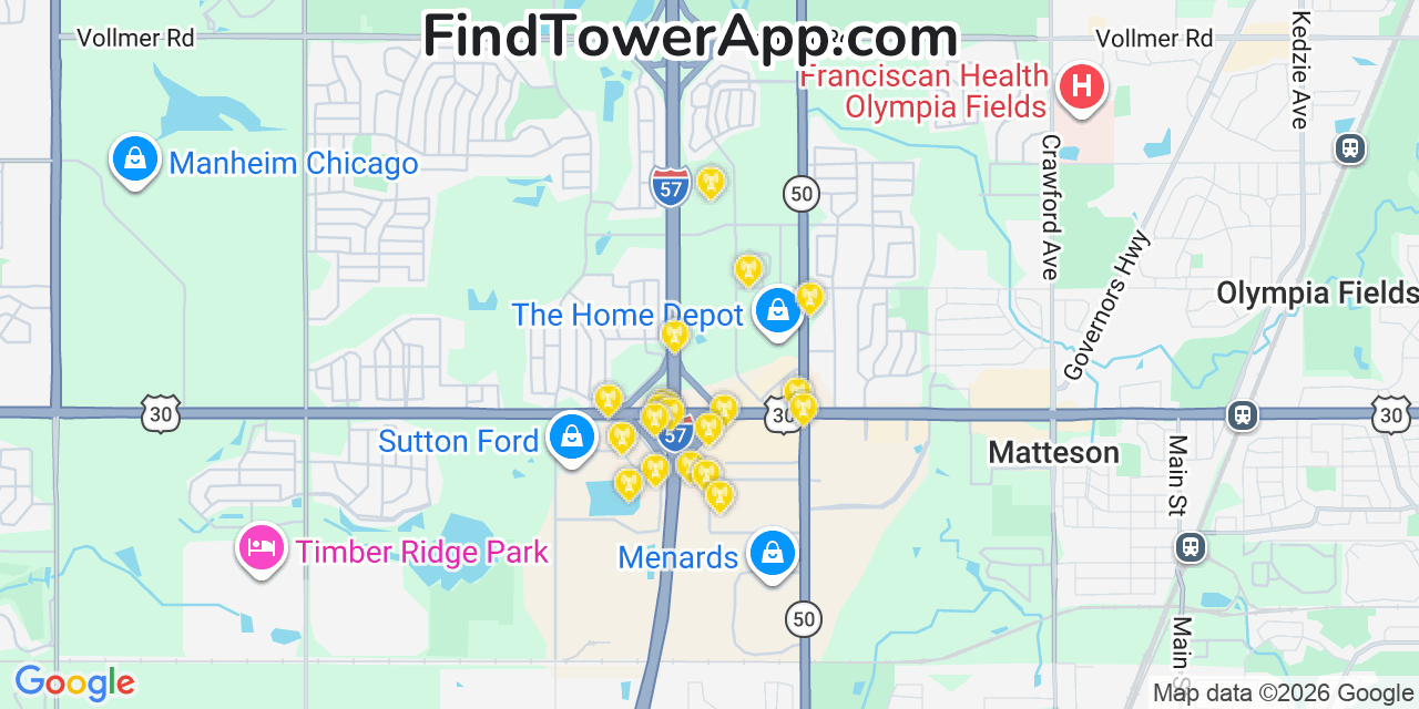 Map showing the 20 primary cell tower locations detected in Matteson, Illinois from AT&T, Verizon, and T-Mobile networks