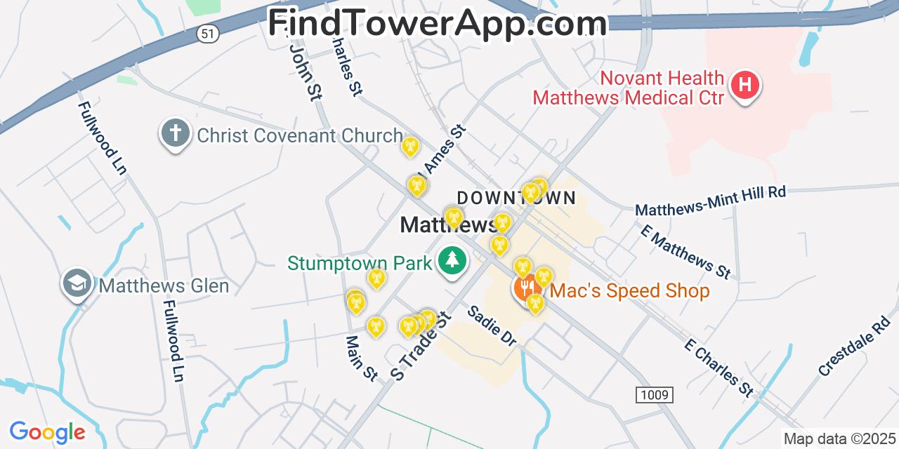 Map showing the 20 primary cell tower locations detected in Matthews, North Carolina from AT&T, Verizon, and T-Mobile networks