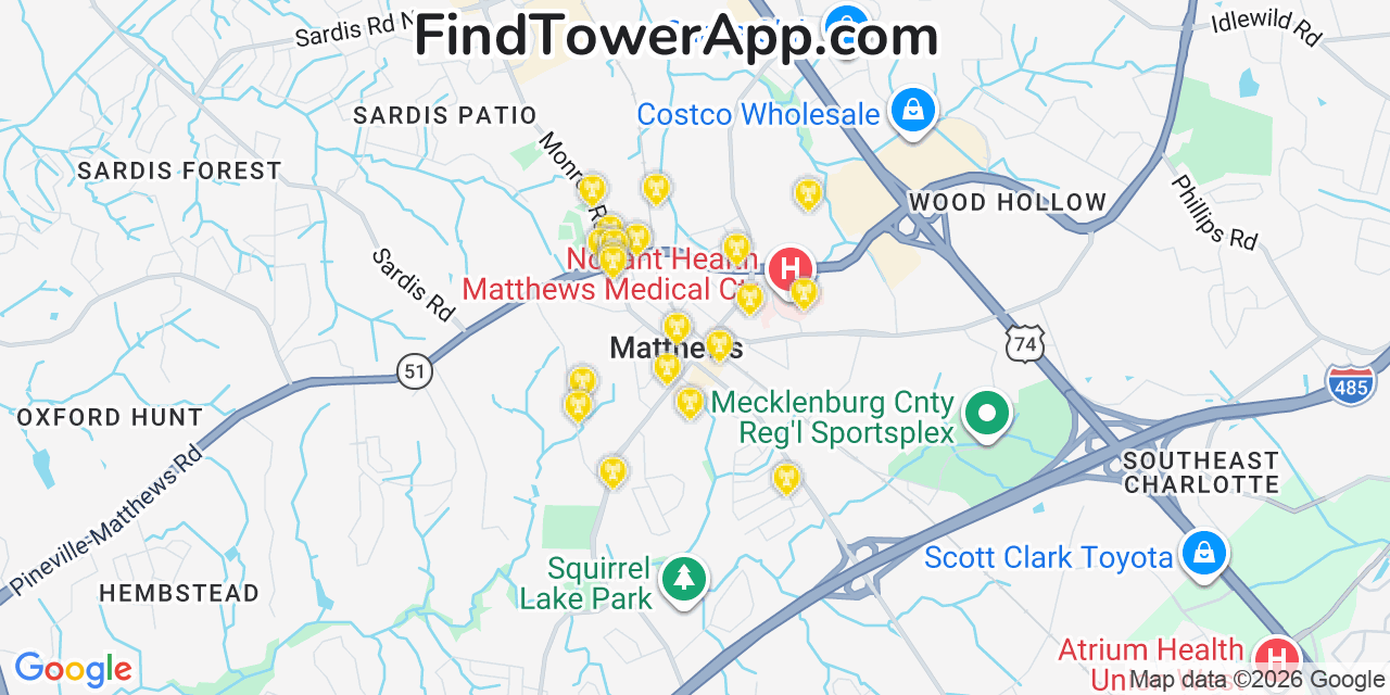 Map showing the 20 primary cell tower locations detected in Matthews, North Carolina from AT&T, Verizon, and T-Mobile networks