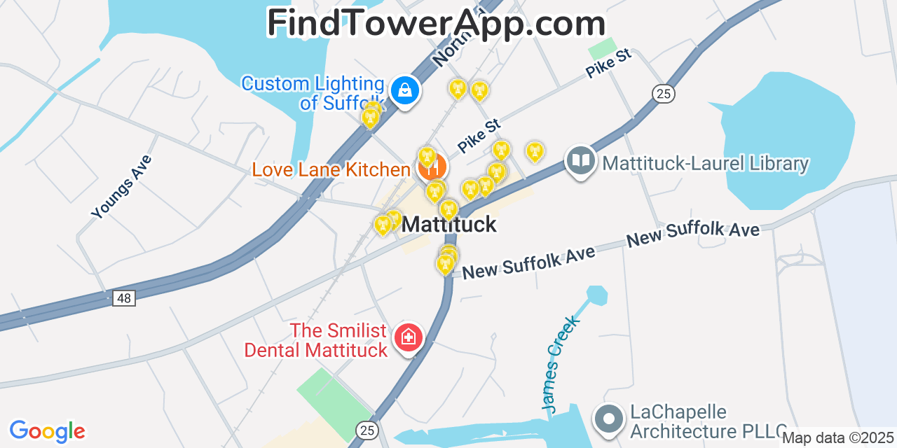 Map showing the 20 primary cell tower locations detected in Mattituck, New York from AT&T, Verizon, and T-Mobile networks