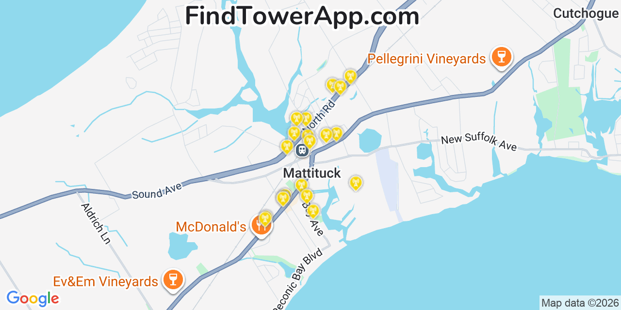 Map showing the 20 primary cell tower locations detected in Mattituck, New York from AT&T, Verizon, and T-Mobile networks
