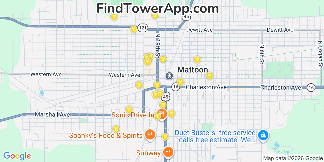 Map showing the 20 primary cell tower locations detected in Mattoon, Illinois from AT&T, Verizon, and T-Mobile networks