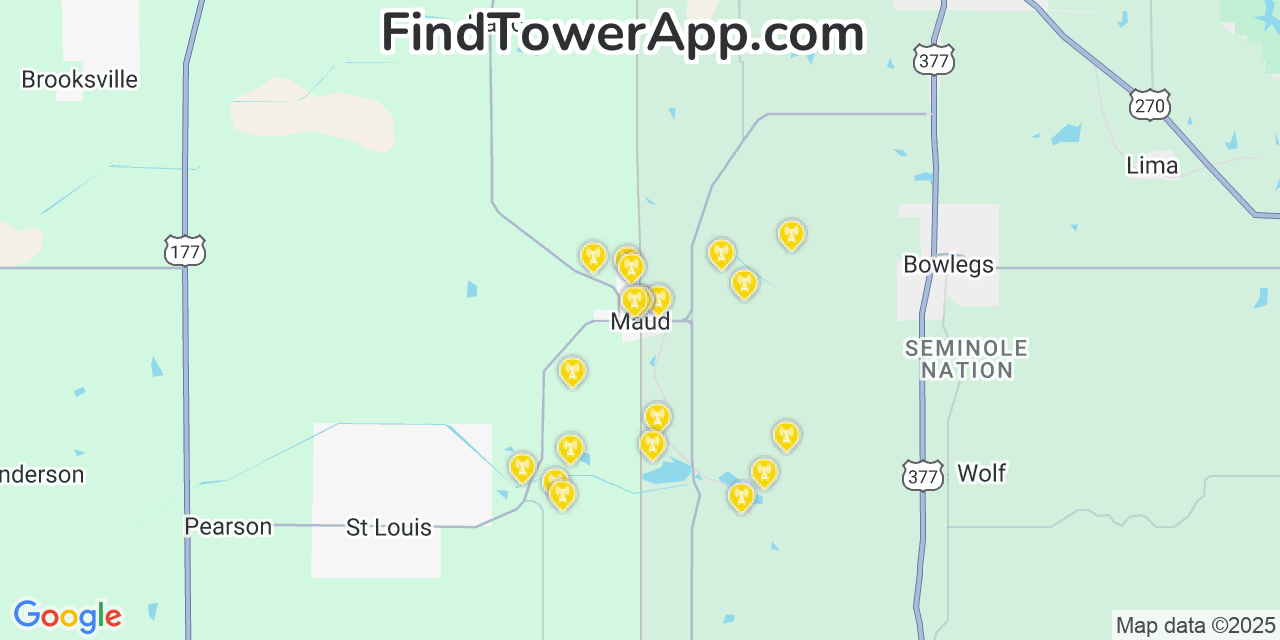 Map showing the 20 primary cell tower locations detected in Maud, Oklahoma from AT&T, Verizon, and T-Mobile networks
