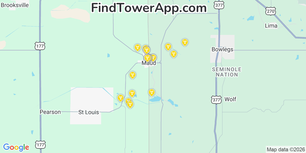 Map showing the 20 primary cell tower locations detected in Maud, Oklahoma from AT&T, Verizon, and T-Mobile networks