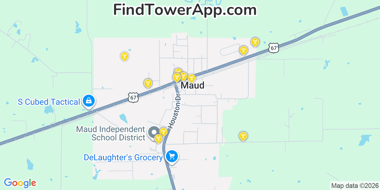 Map showing the 20 primary cell tower locations detected in Maud, Texas from AT&T, Verizon, and T-Mobile networks