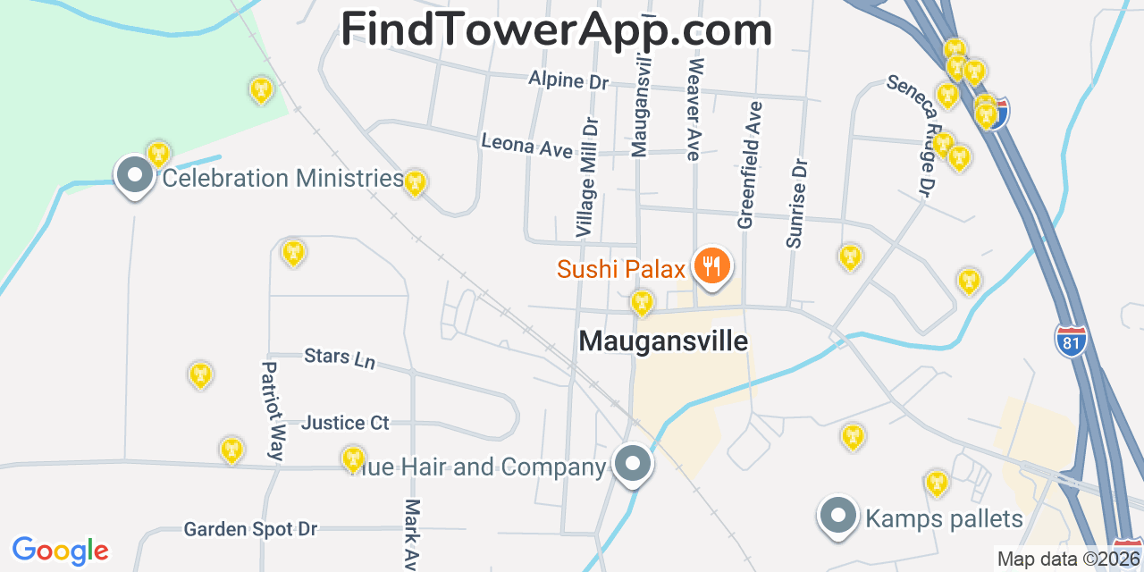 Map showing the 20 primary cell tower locations detected in Maugansville, Maryland from AT&T, Verizon, and T-Mobile networks