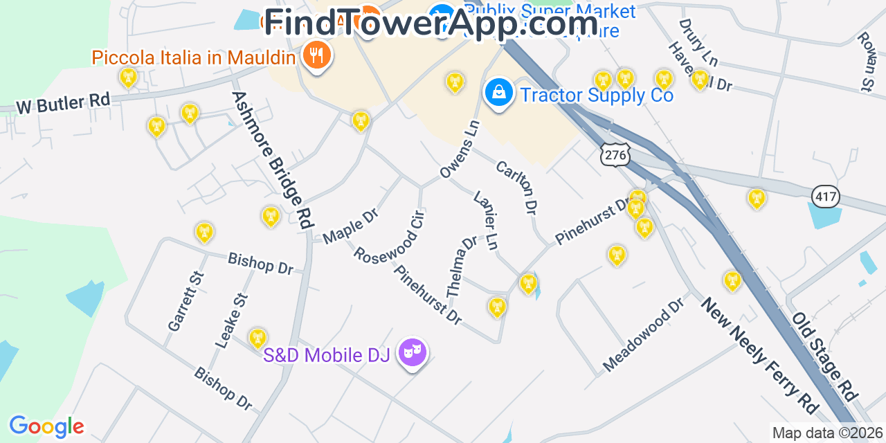 Map showing the 20 primary cell tower locations detected in Mauldin, South Carolina from AT&T, Verizon, and T-Mobile networks