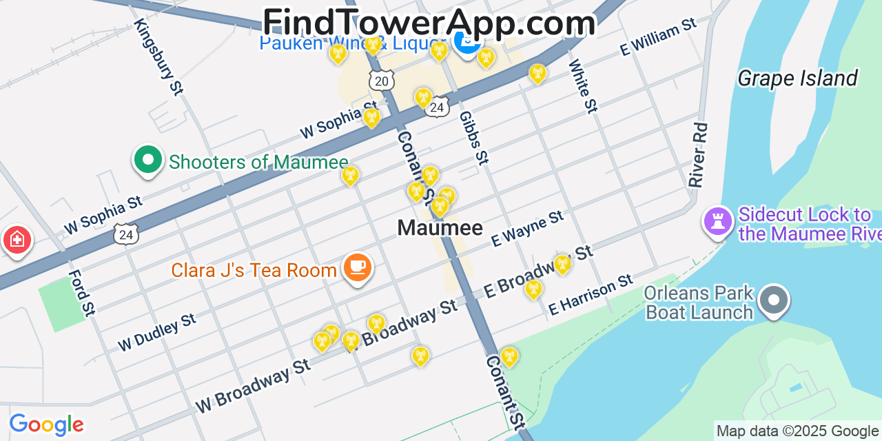 Map showing the 20 primary cell tower locations detected in Maumee, Ohio from AT&T, Verizon, and T-Mobile networks