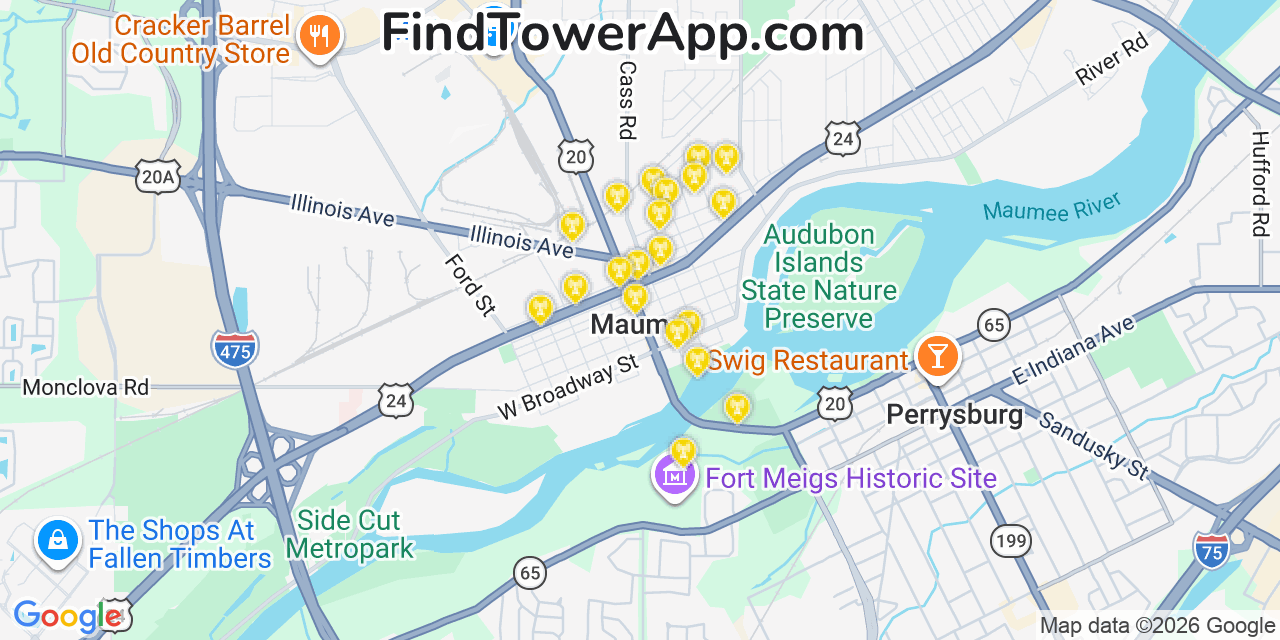 Map showing the 20 primary cell tower locations detected in Maumee, Ohio from AT&T, Verizon, and T-Mobile networks