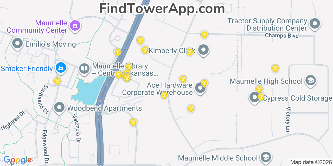 Map showing the 20 primary cell tower locations detected in Maumelle, Arkansas from AT&T, Verizon, and T-Mobile networks