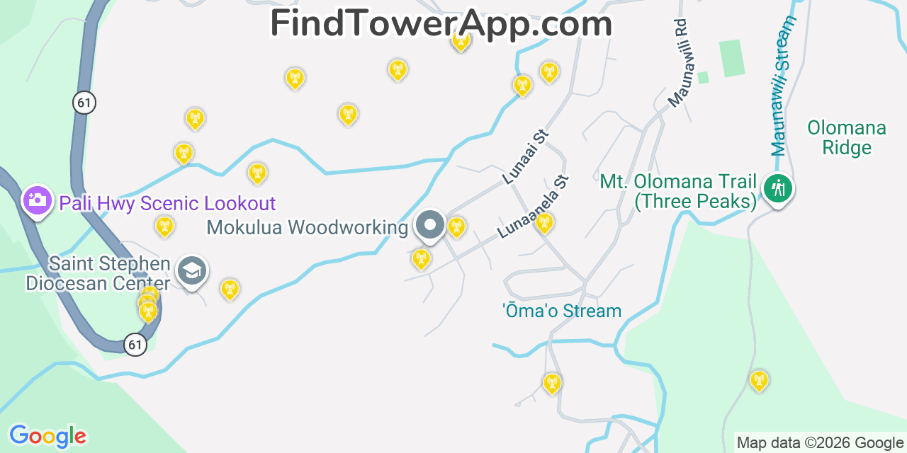 Map showing the 20 primary cell tower locations detected in Maunawili, Hawaii from AT&T, Verizon, and T-Mobile networks