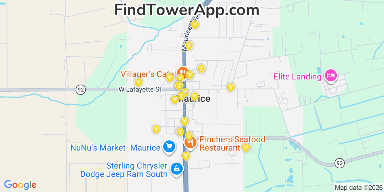 Map showing the 20 primary cell tower locations detected in Maurice, Louisiana from AT&T, Verizon, and T-Mobile networks