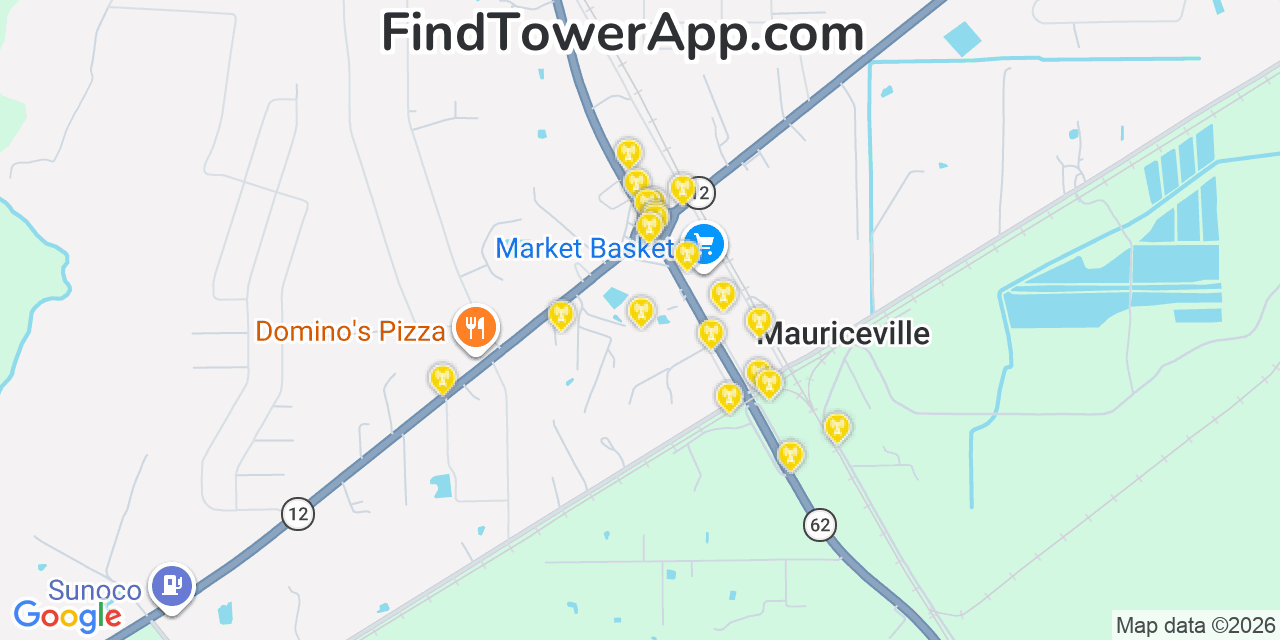 Map showing the 20 primary cell tower locations detected in Mauriceville, Texas from AT&T, Verizon, and T-Mobile networks