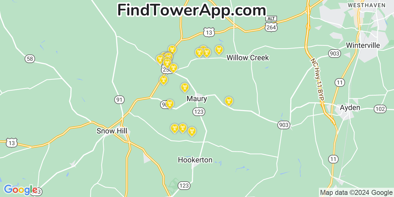 AT&T 4G/5G cell tower coverage map Maury, North Carolina