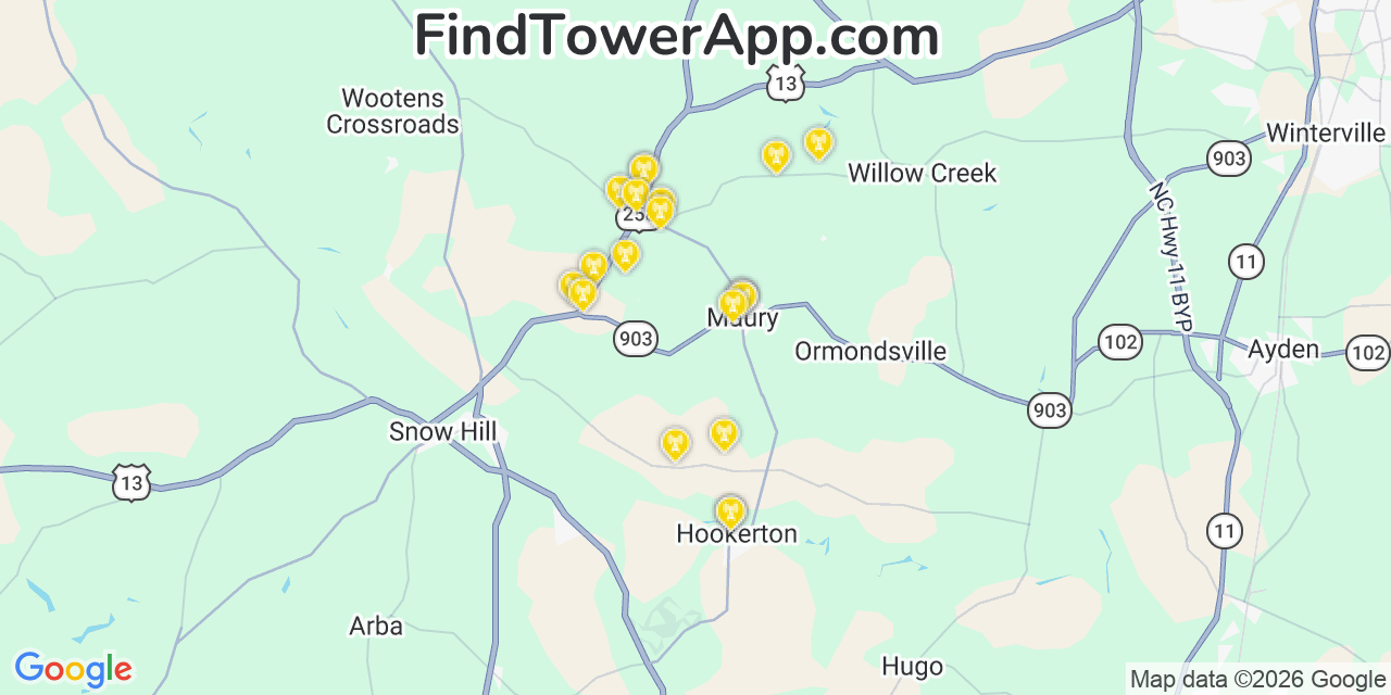 Map showing the 20 primary cell tower locations detected in Maury, North Carolina from AT&T, Verizon, and T-Mobile networks