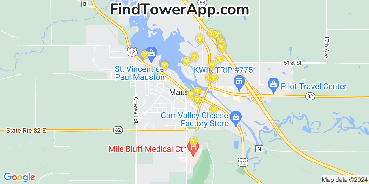 AT&T 4G/5G cell tower coverage map Mauston, Wisconsin