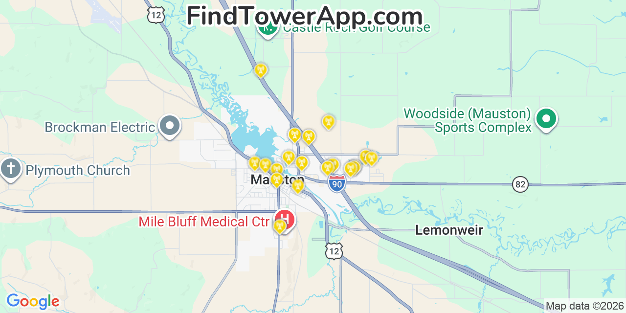Map showing the 20 primary cell tower locations detected in Mauston, Wisconsin from AT&T, Verizon, and T-Mobile networks