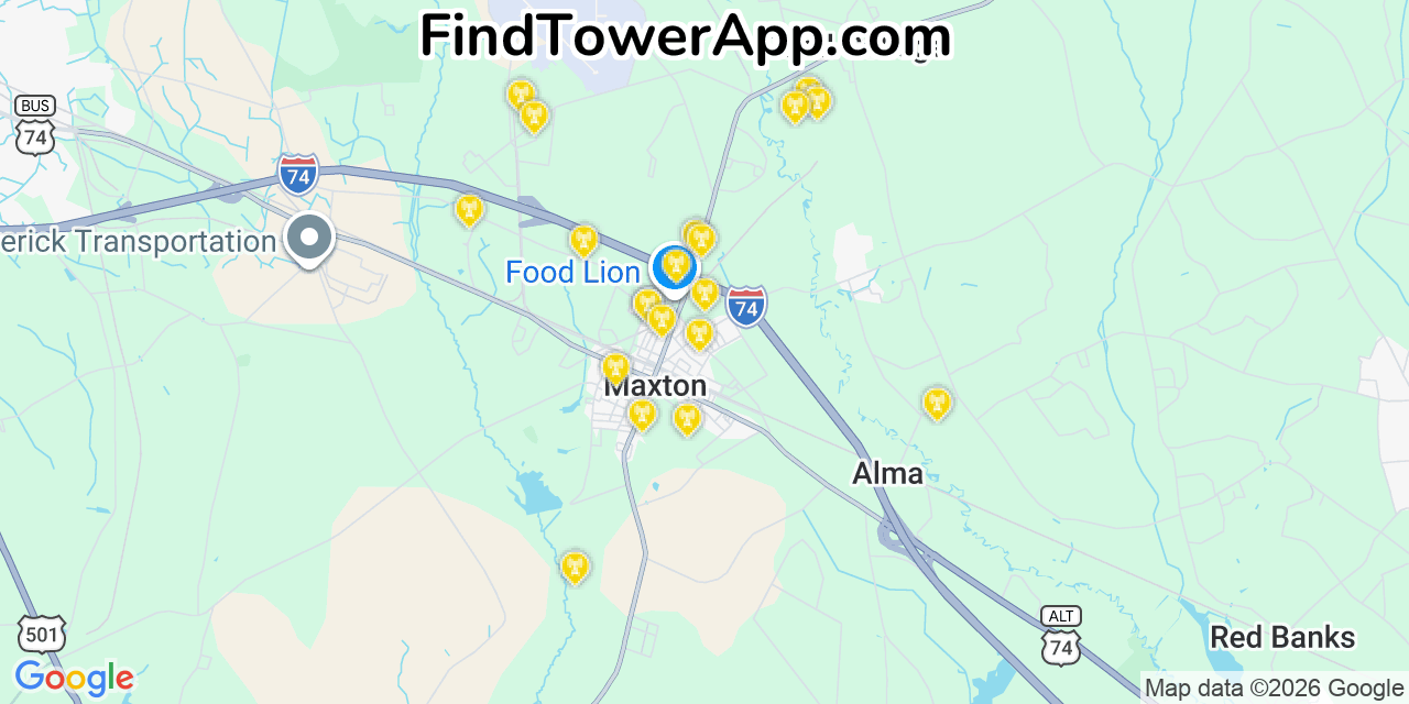 Map showing the 20 primary cell tower locations detected in Maxton, North Carolina from AT&T, Verizon, and T-Mobile networks