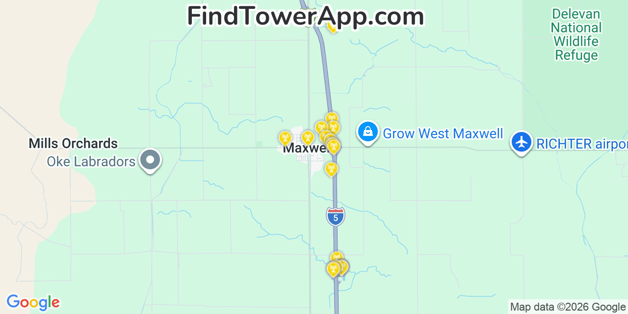 Map showing the 20 primary cell tower locations detected in Maxwell, California from AT&T, Verizon, and T-Mobile networks
