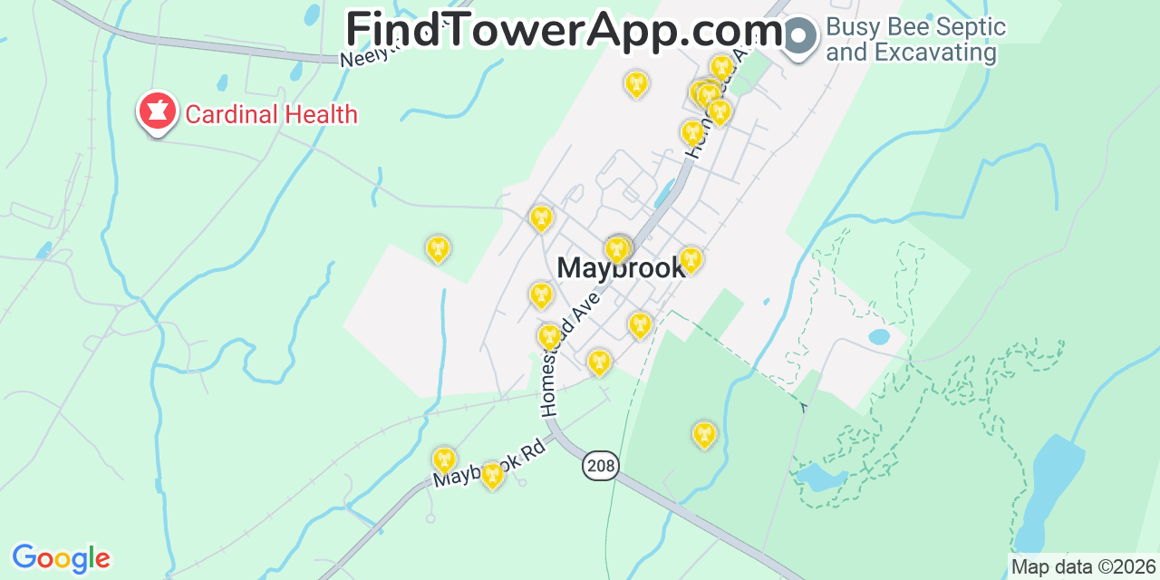 Map showing the 20 primary cell tower locations detected in Maybrook, New York from AT&T, Verizon, and T-Mobile networks