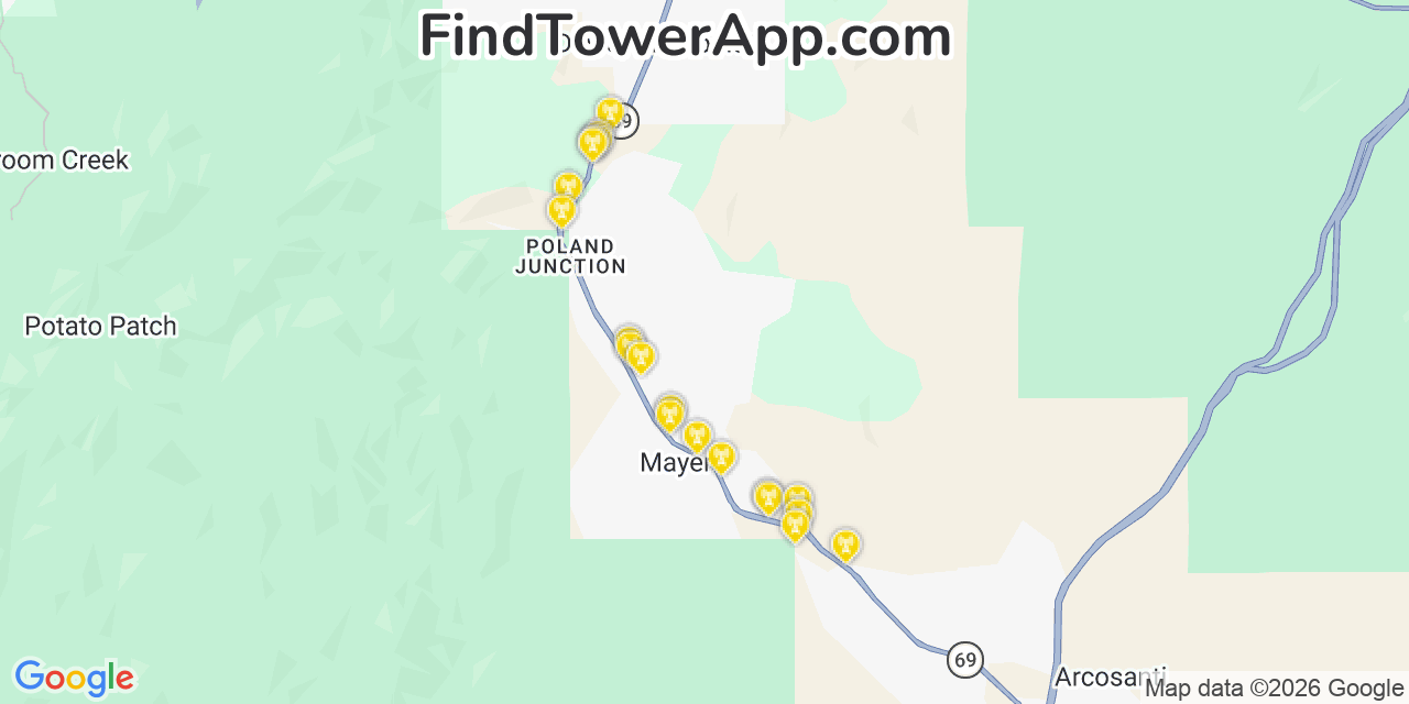 Map showing the 20 primary cell tower locations detected in Mayer, Arizona from AT&T, Verizon, and T-Mobile networks