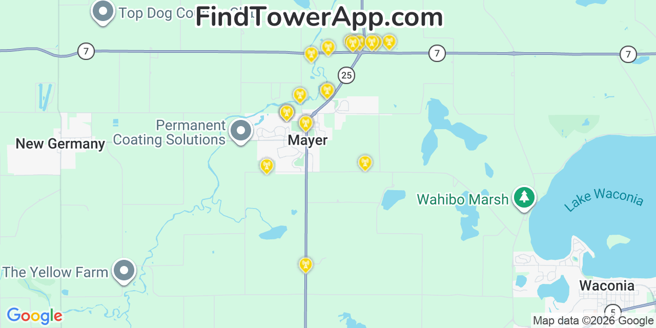 Map showing the 20 primary cell tower locations detected in Mayer, Minnesota from AT&T, Verizon, and T-Mobile networks