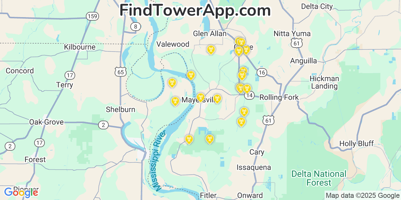 Map showing the 20 primary cell tower locations detected in Mayersville, Mississippi from AT&T, Verizon, and T-Mobile networks