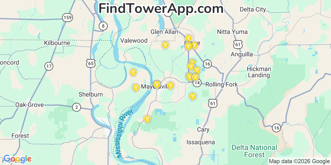 Map showing the 20 primary cell tower locations detected in Mayersville, Mississippi from AT&T, Verizon, and T-Mobile networks