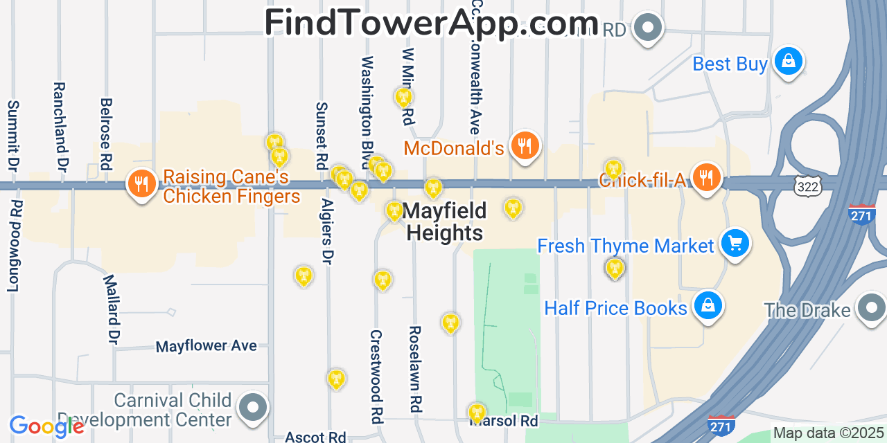 Map showing the 20 primary cell tower locations detected in Mayfield Heights, Ohio from AT&T, Verizon, and T-Mobile networks