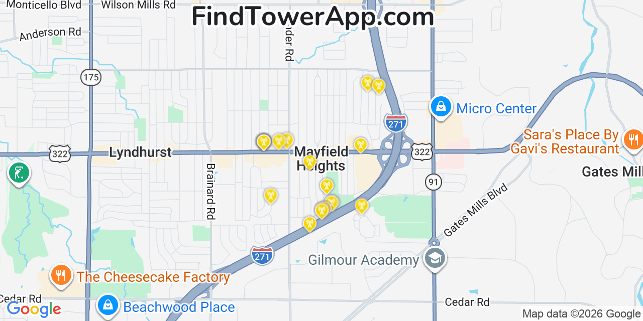 Map showing the 20 primary cell tower locations detected in Mayfield Heights, Ohio from AT&T, Verizon, and T-Mobile networks