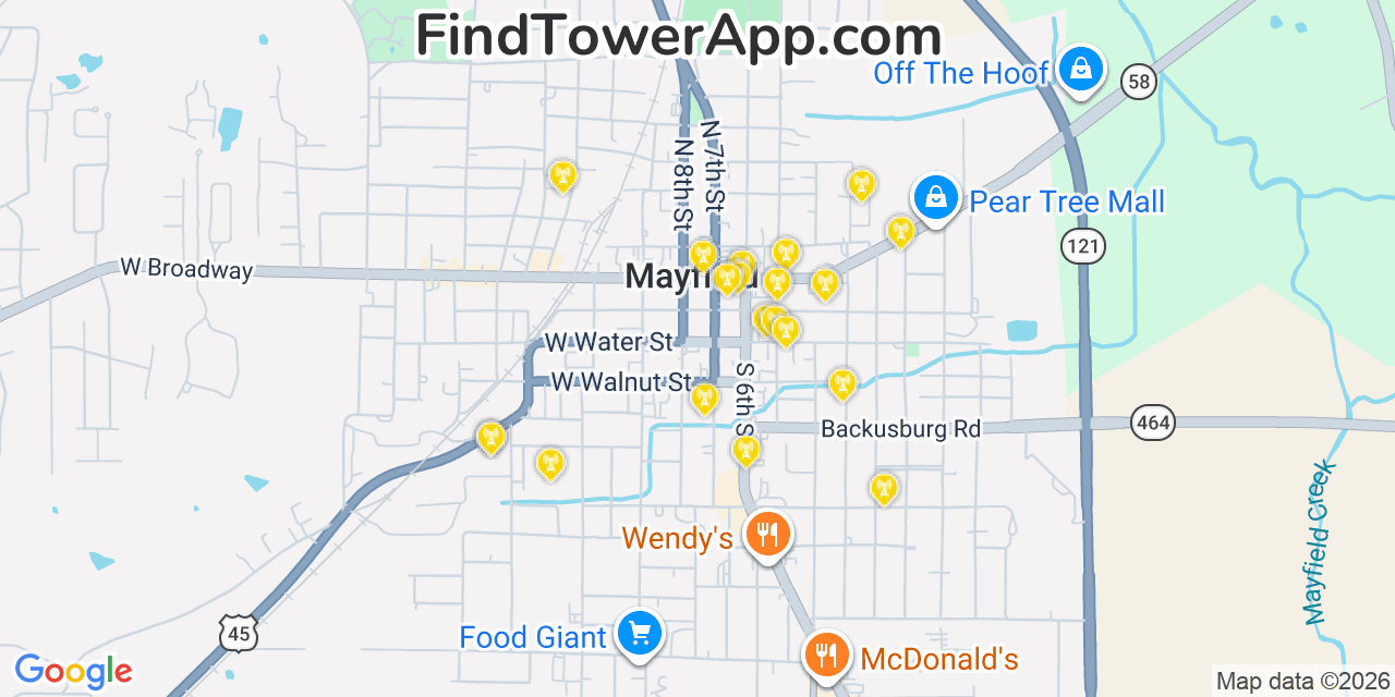 Map showing the 20 primary cell tower locations detected in Mayfield, Kentucky from AT&T, Verizon, and T-Mobile networks