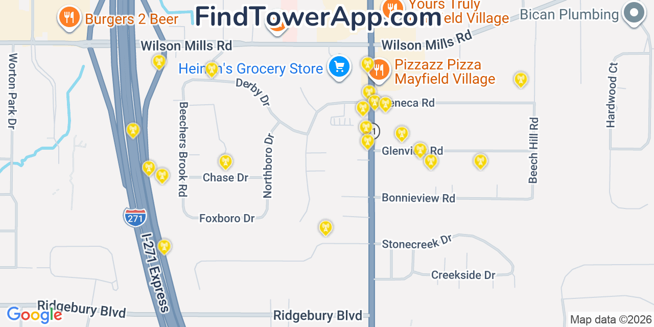 Map showing the 20 primary cell tower locations detected in Mayfield, Ohio from AT&T, Verizon, and T-Mobile networks