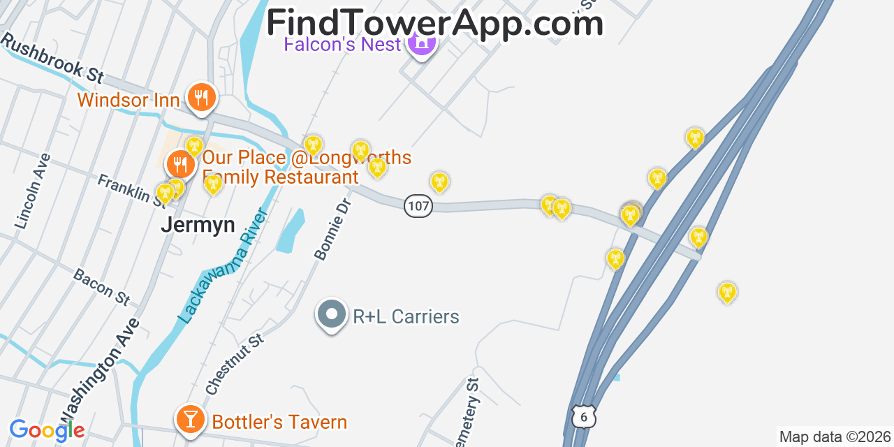 Map showing the 20 primary cell tower locations detected in Mayfield, Pennsylvania from AT&T, Verizon, and T-Mobile networks