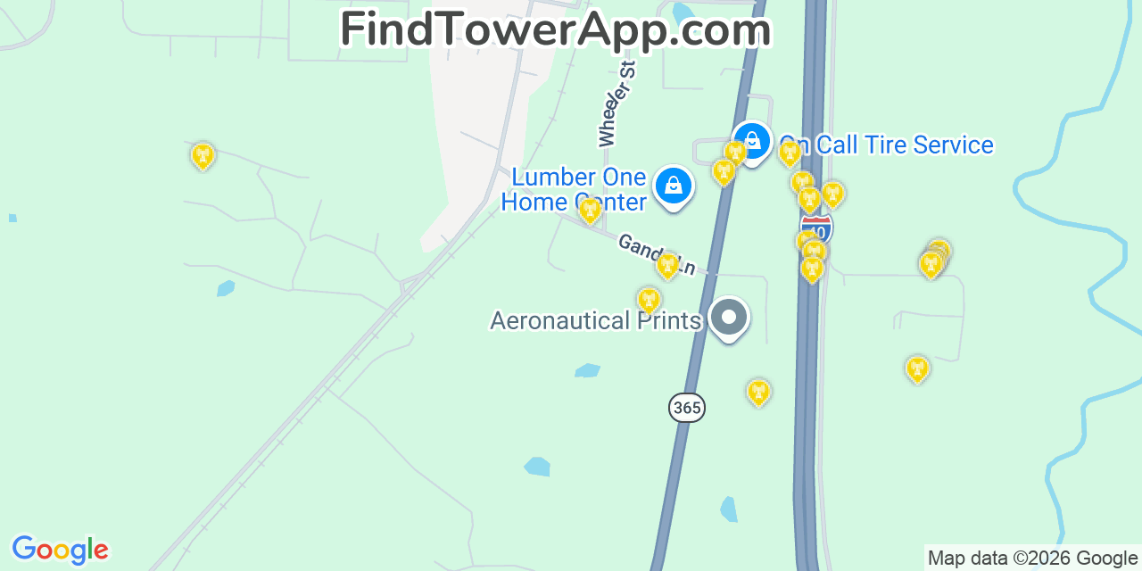 Map showing the 20 primary cell tower locations detected in Mayflower, Arkansas from AT&T, Verizon, and T-Mobile networks
