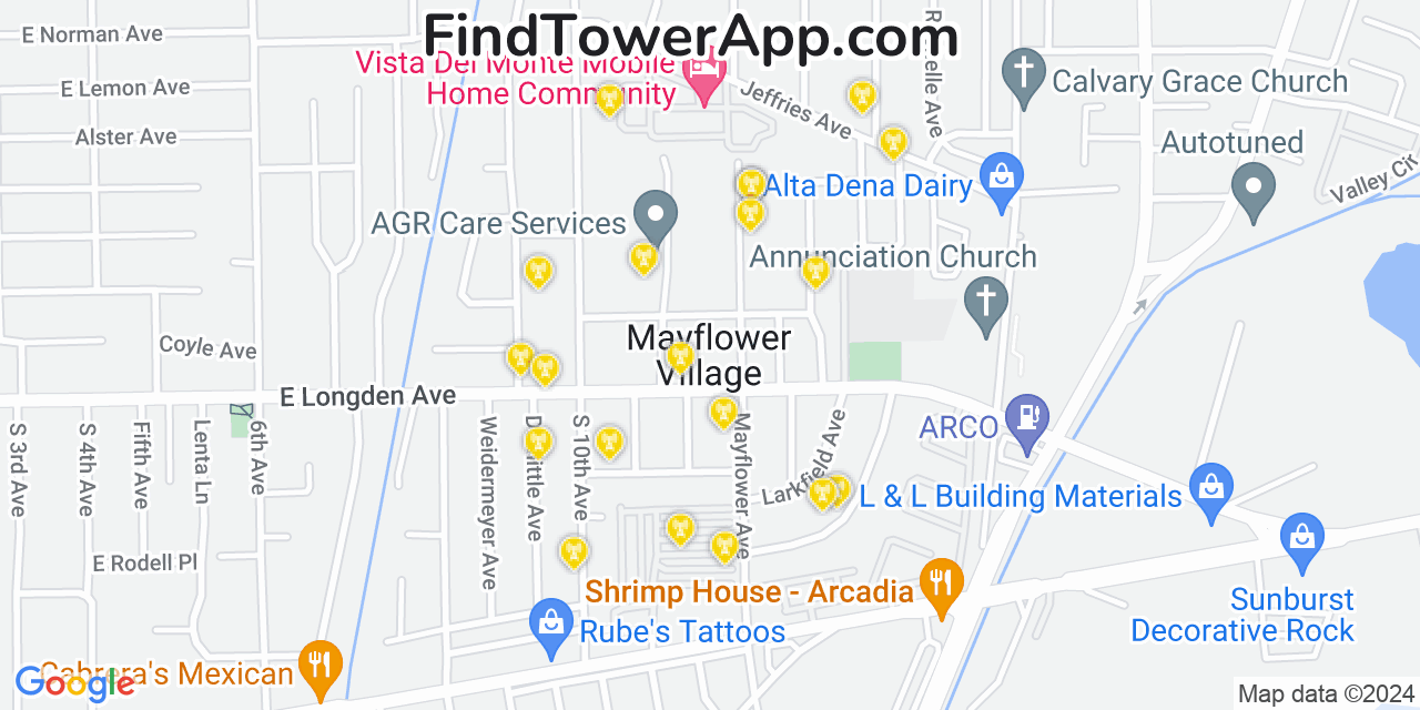 AT&T 4G/5G cell tower coverage map Mayflower Village, California