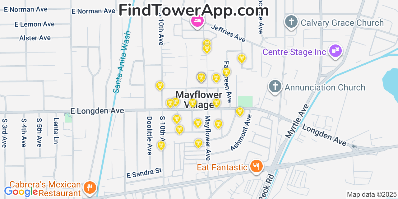 Map showing the 20 primary cell tower locations detected in Mayflower Village, California from AT&T, Verizon, and T-Mobile networks