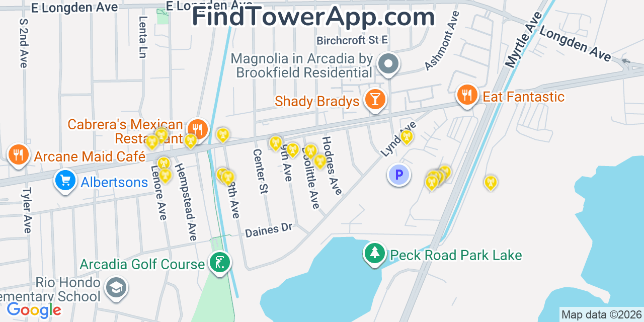 Map showing the 20 primary cell tower locations detected in Mayflower Village, California from AT&T, Verizon, and T-Mobile networks