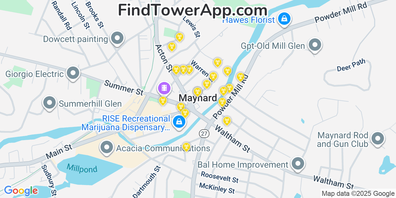 Map showing the 20 primary cell tower locations detected in Maynard, Massachusetts from AT&T, Verizon, and T-Mobile networks