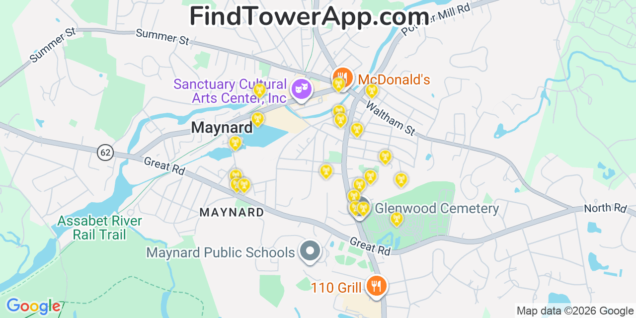 Map showing the 20 primary cell tower locations detected in Maynard, Massachusetts from AT&T, Verizon, and T-Mobile networks