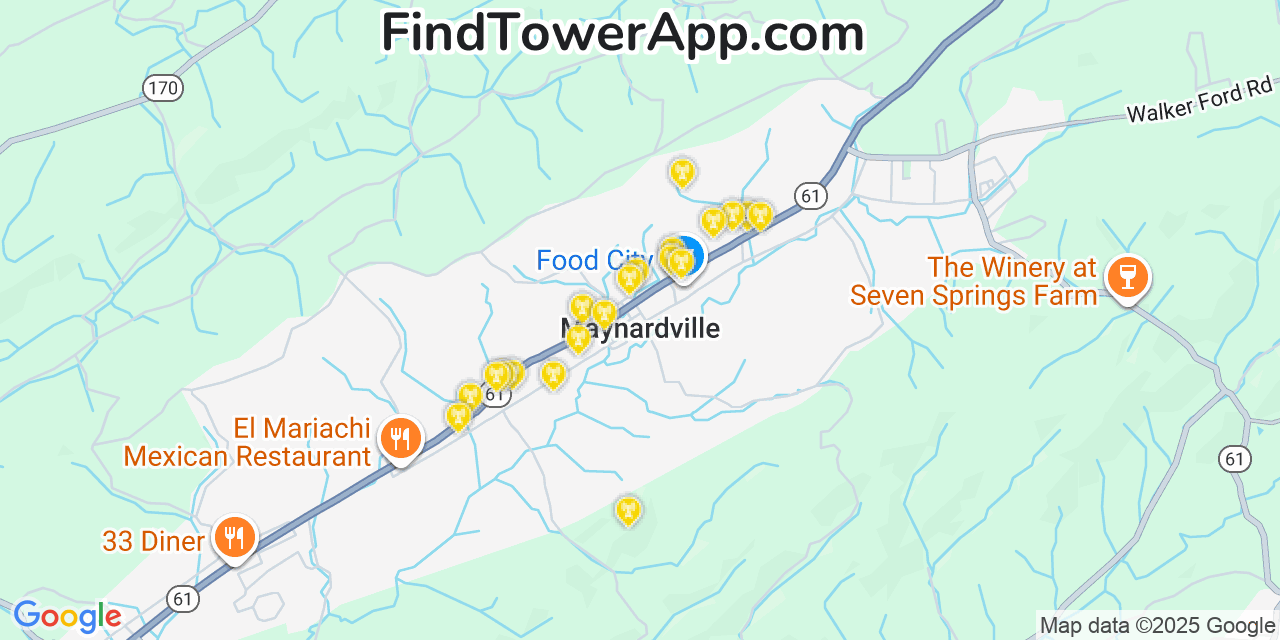 Map showing the 20 primary cell tower locations detected in Maynardville, Tennessee from AT&T, Verizon, and T-Mobile networks