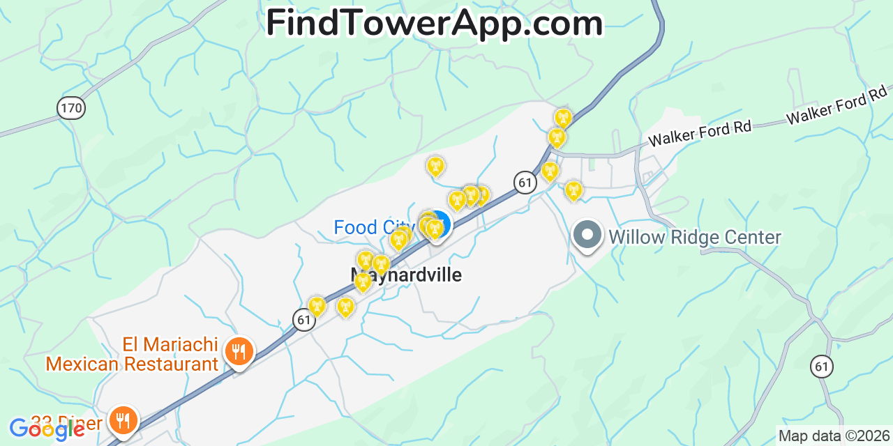 Map showing the 20 primary cell tower locations detected in Maynardville, Tennessee from AT&T, Verizon, and T-Mobile networks