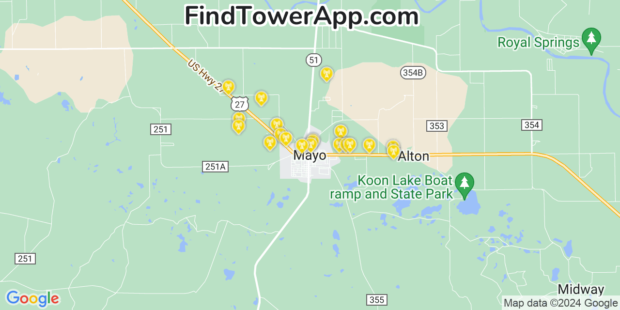 AT&T 4G/5G cell tower coverage map Mayo, Florida