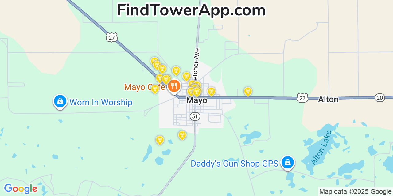 Map showing the 20 primary cell tower locations detected in Mayo, Florida from AT&T, Verizon, and T-Mobile networks