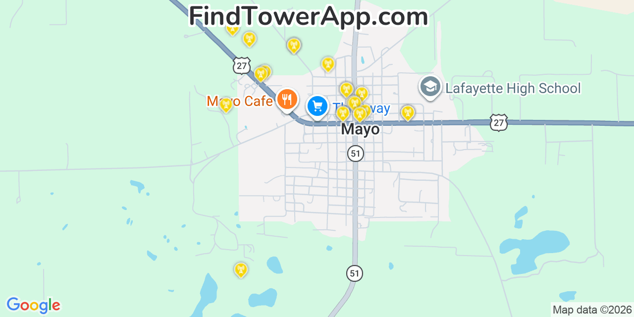 Map showing the 20 primary cell tower locations detected in Mayo, Florida from AT&T, Verizon, and T-Mobile networks