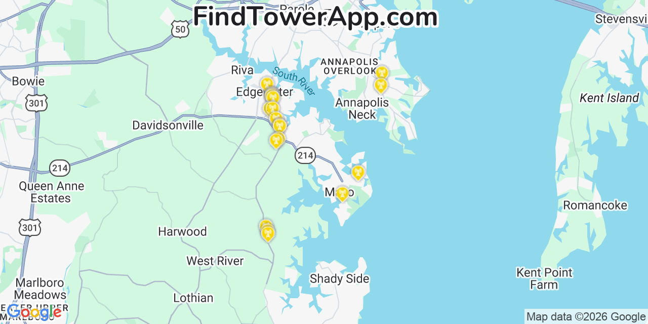 Map showing the 20 primary cell tower locations detected in Mayo, Maryland from AT&T, Verizon, and T-Mobile networks