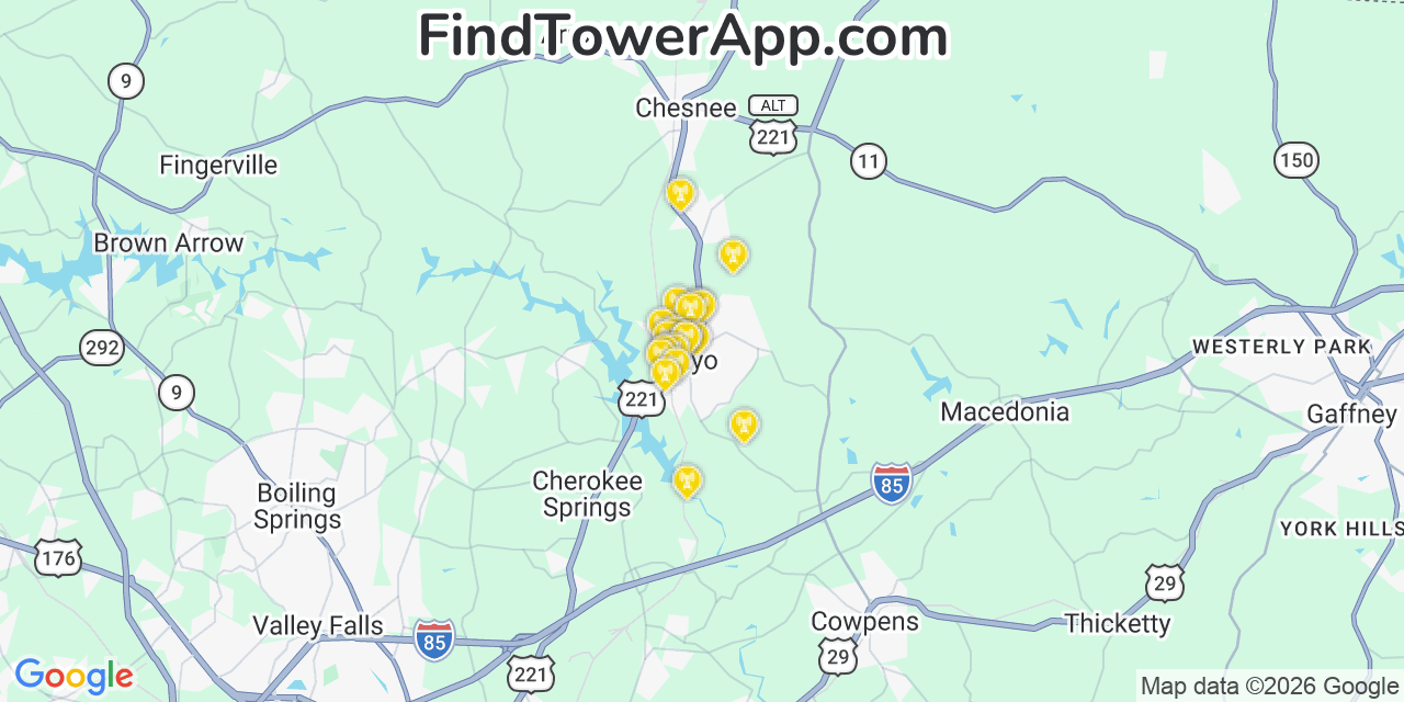 Map showing the 20 primary cell tower locations detected in Mayo, South Carolina from AT&T, Verizon, and T-Mobile networks